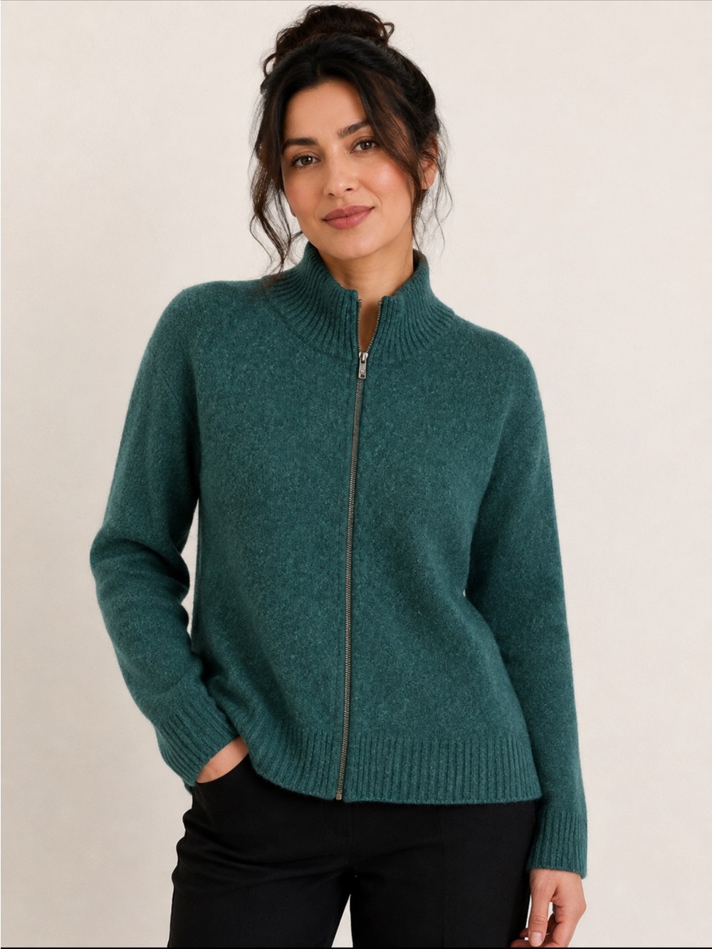 Wool over lamb wool Classic Full-Zip Women's Sweater Cardigan - Green size L